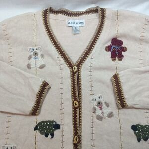 Vtg Victoria‎ Woman Multicolor Bear Embroidered Button Cardigan Women's 2X